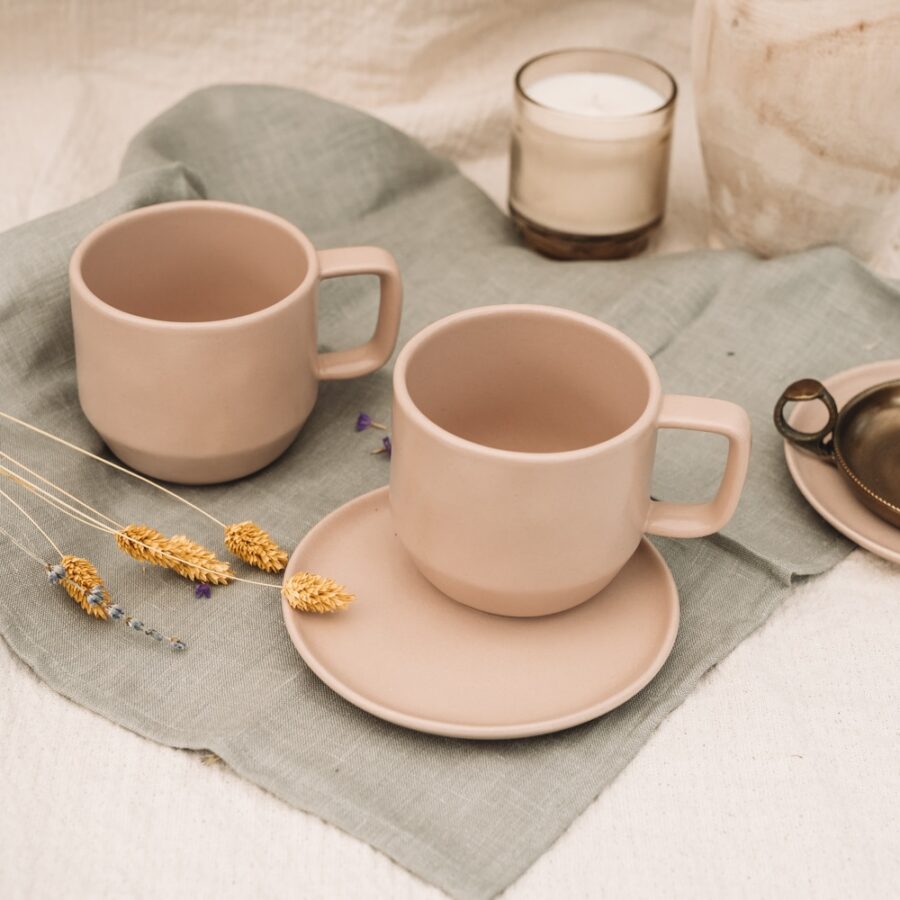 Keramik Tasse, Cappuccino Tasse, Steingut Tasse, Espresso Tasse, Tapas Teller, kleiner Keramik Teller, Rosa