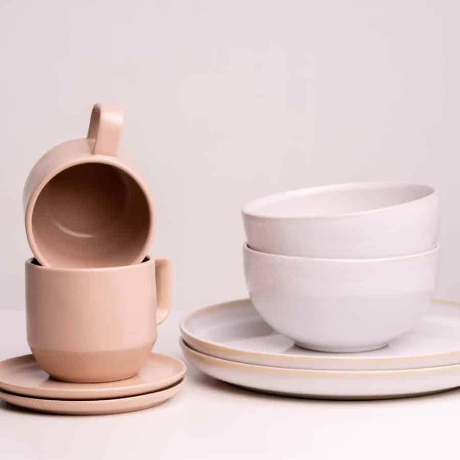 Geschirr Set für 2 Personen, Keramik Bowl, Rosa Tasse, Tapas Teller, großer Keramik Teller